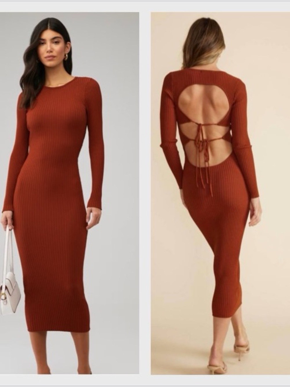 MinkPink Alba Knit Ribbed Open Back Tie Midi BodyCon Dress Ginger Size Large